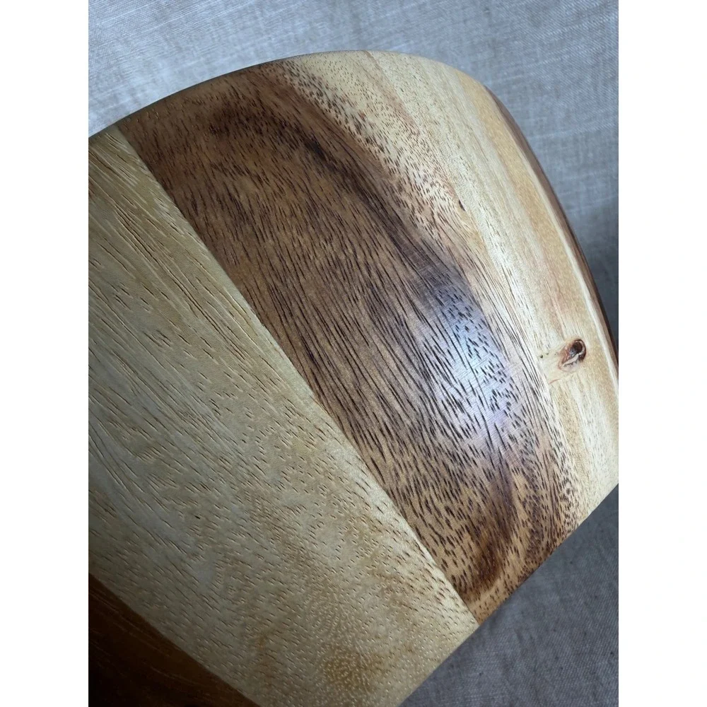 Wooden Serving Bowl Good Vintage Striped Inlay Round Large Fruit Salad Decor